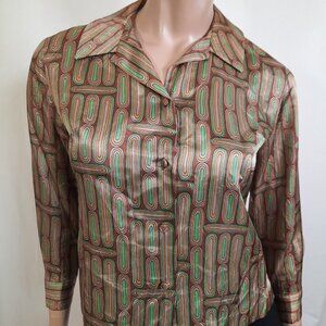 Vintage 1940s Shiny Rayon Blouse Abstract Print Button Front Brown Green Size S